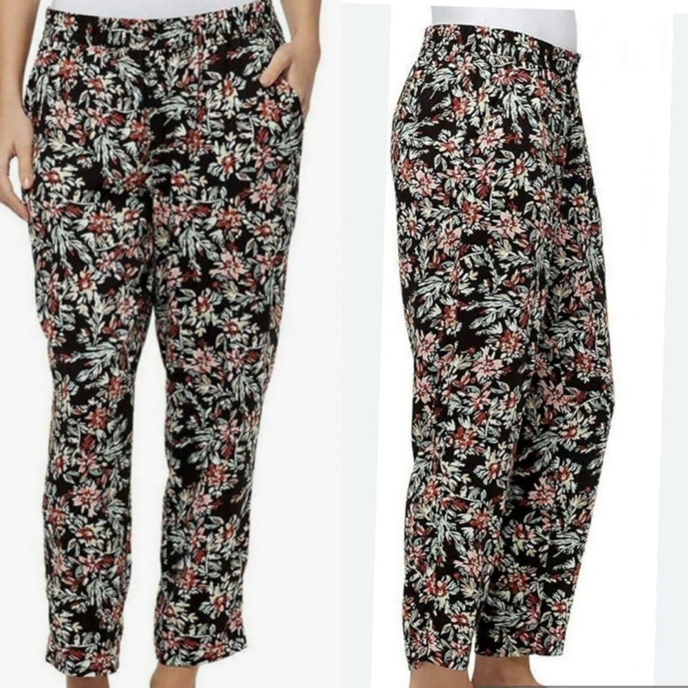 Jessica Simpson Floral Ankle Pants XXL Black Pink Pull On Cropped Boho Lounge